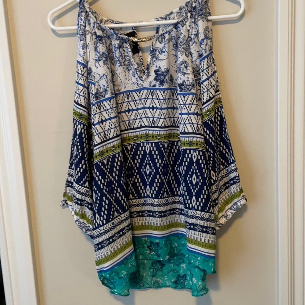 Blue and green aztec blouse